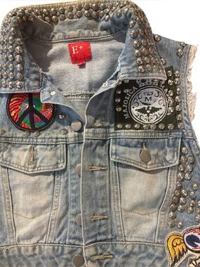 E+ embellished Light Wash Denim Vest with Embroidered Patches upcycled